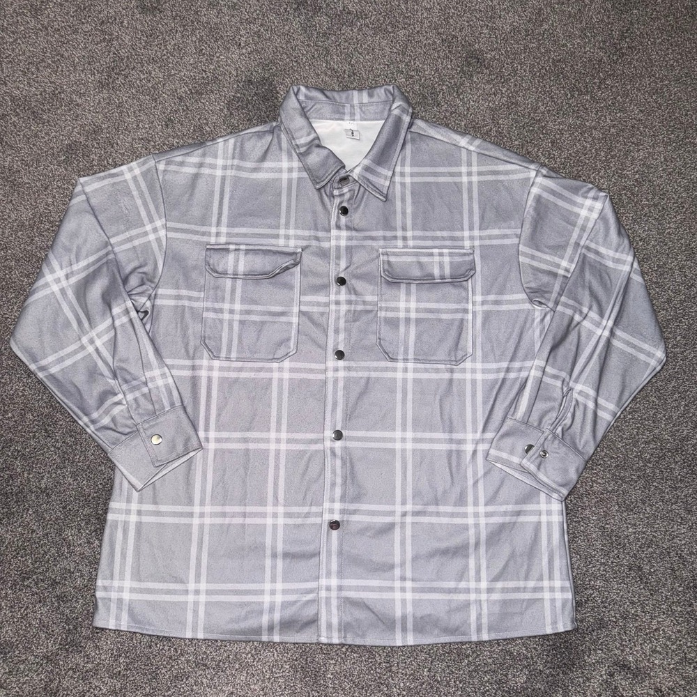 CHCYEA Grey & White Plaid Long Sleeve Shacket Shirt/Jacket w/ Pockets - Large